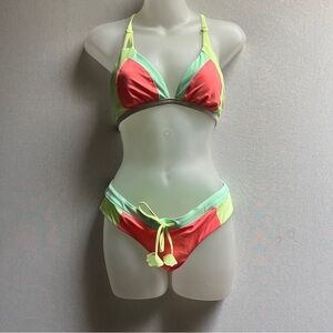 Lululemon Athletica Coastal Om coral/ yellow block Top Bikini Set Sz S